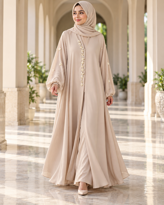 Beige Pearl Embellished Abaya with Elastic Cuff Sleeves