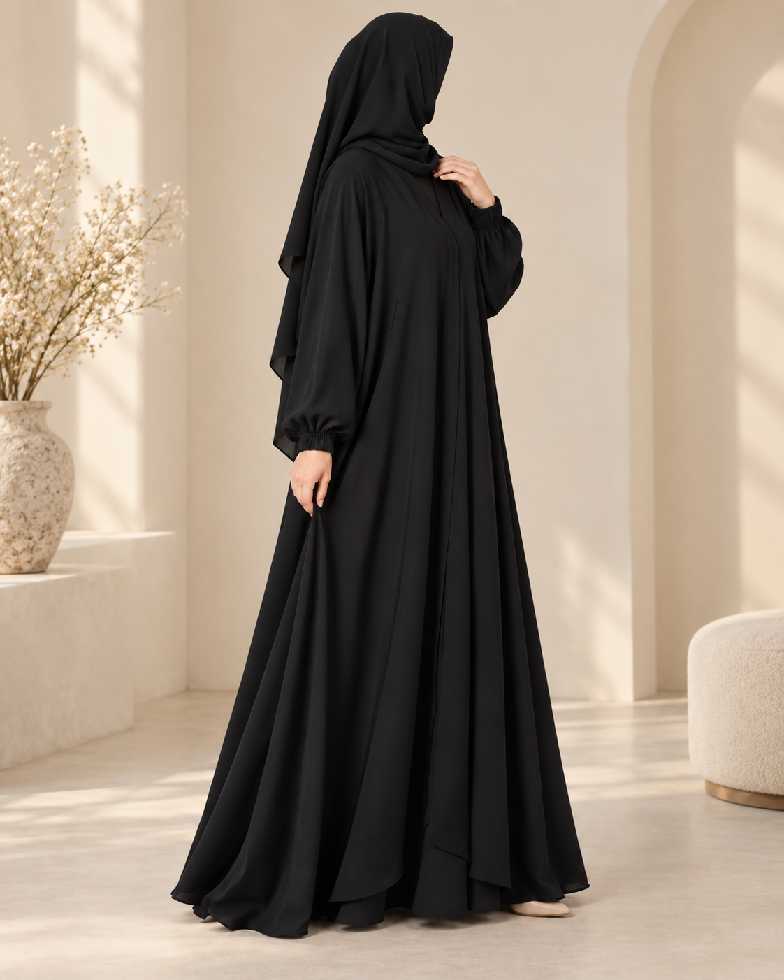 Black Modest Jilbab Abaya with Gathered Sleeves