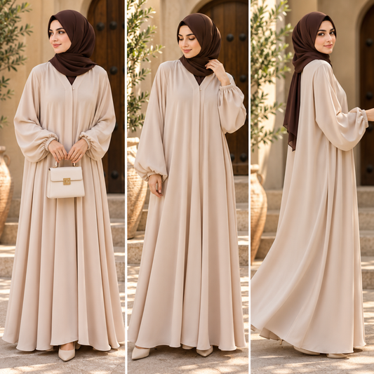 Beige Classic Abaya with Elastic Cuff Sleeves