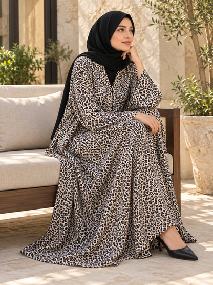 Leopard Print Flowing Abaya with Wide Sleeves