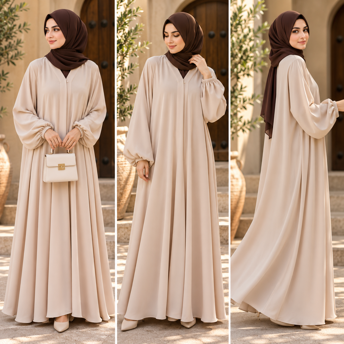 Beige Classic Abaya with Elastic Cuff Sleeves