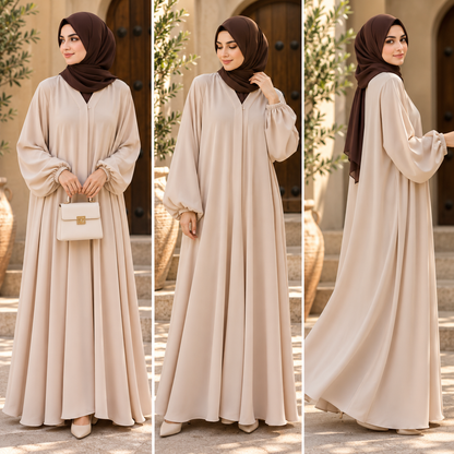 Beige Classic Abaya with Elastic Cuff Sleeves