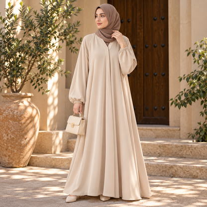 Beige Classic Abaya with Elastic Cuff Sleeves