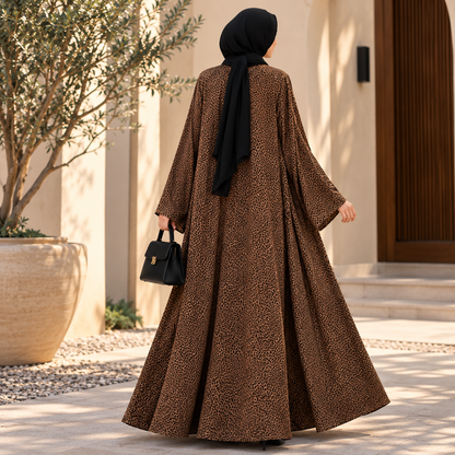 Brown Leopard Print Abaya with Wide Sleeves