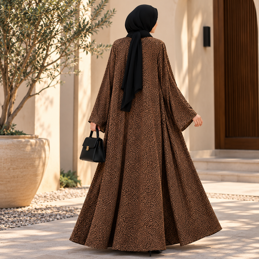 Brown Leopard Print Abaya with Wide Sleeves