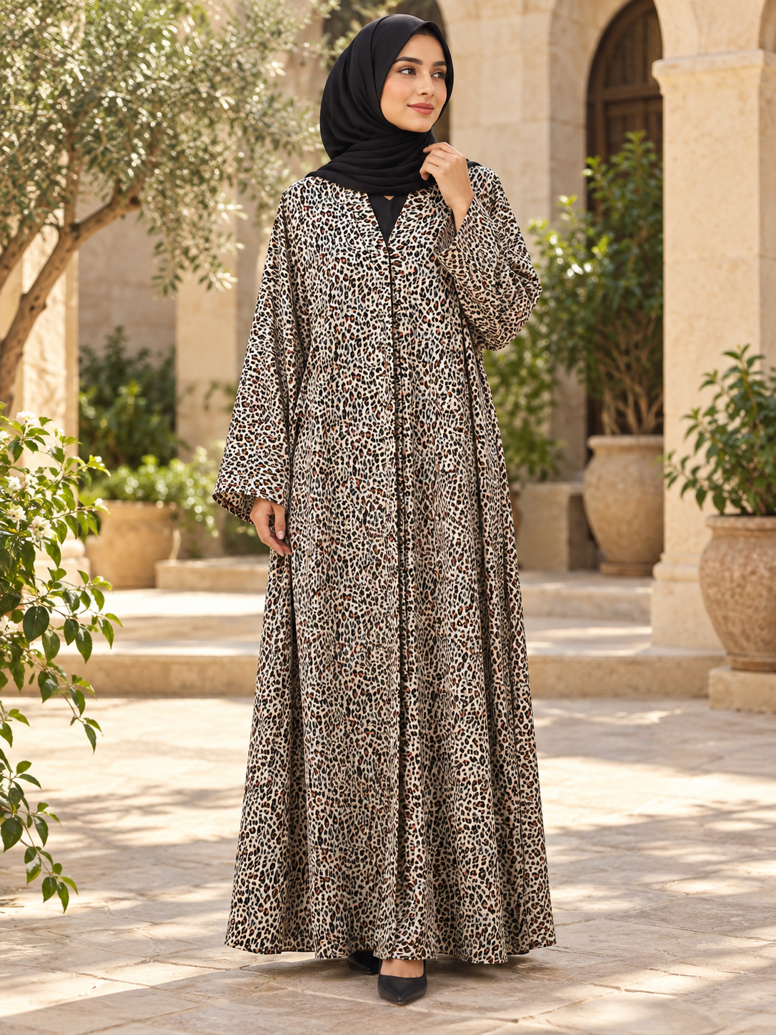 Leopard Print Flowing Abaya with Wide Sleeves