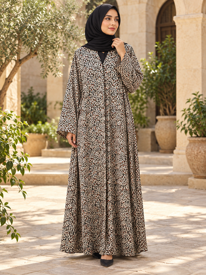 Leopard Print Flowing Abaya with Wide Sleeves