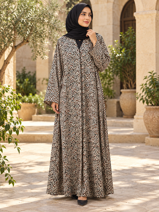 Leopard Print Flowing Abaya with Wide Sleeves