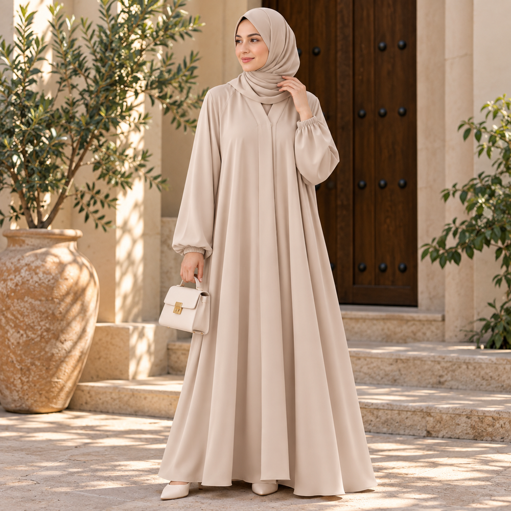Beige Classic Abaya with Elastic Cuff Sleeves