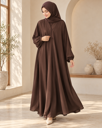 Chocolate Brown Single Frill Abaya with Elastic Cuff Sleeves