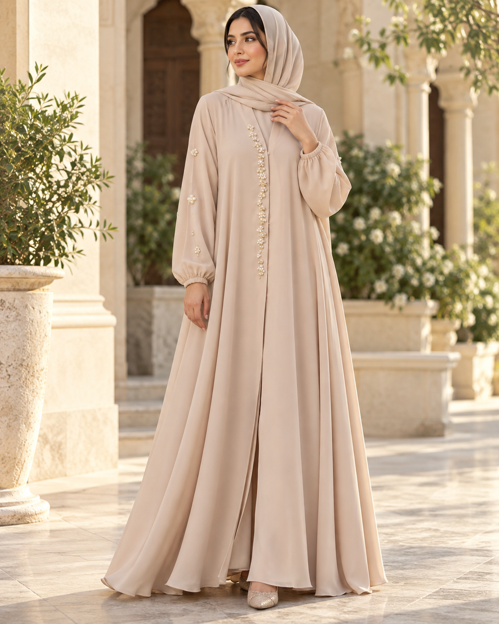Beige Pearl Embellished Abaya with Elastic Cuff Sleeves