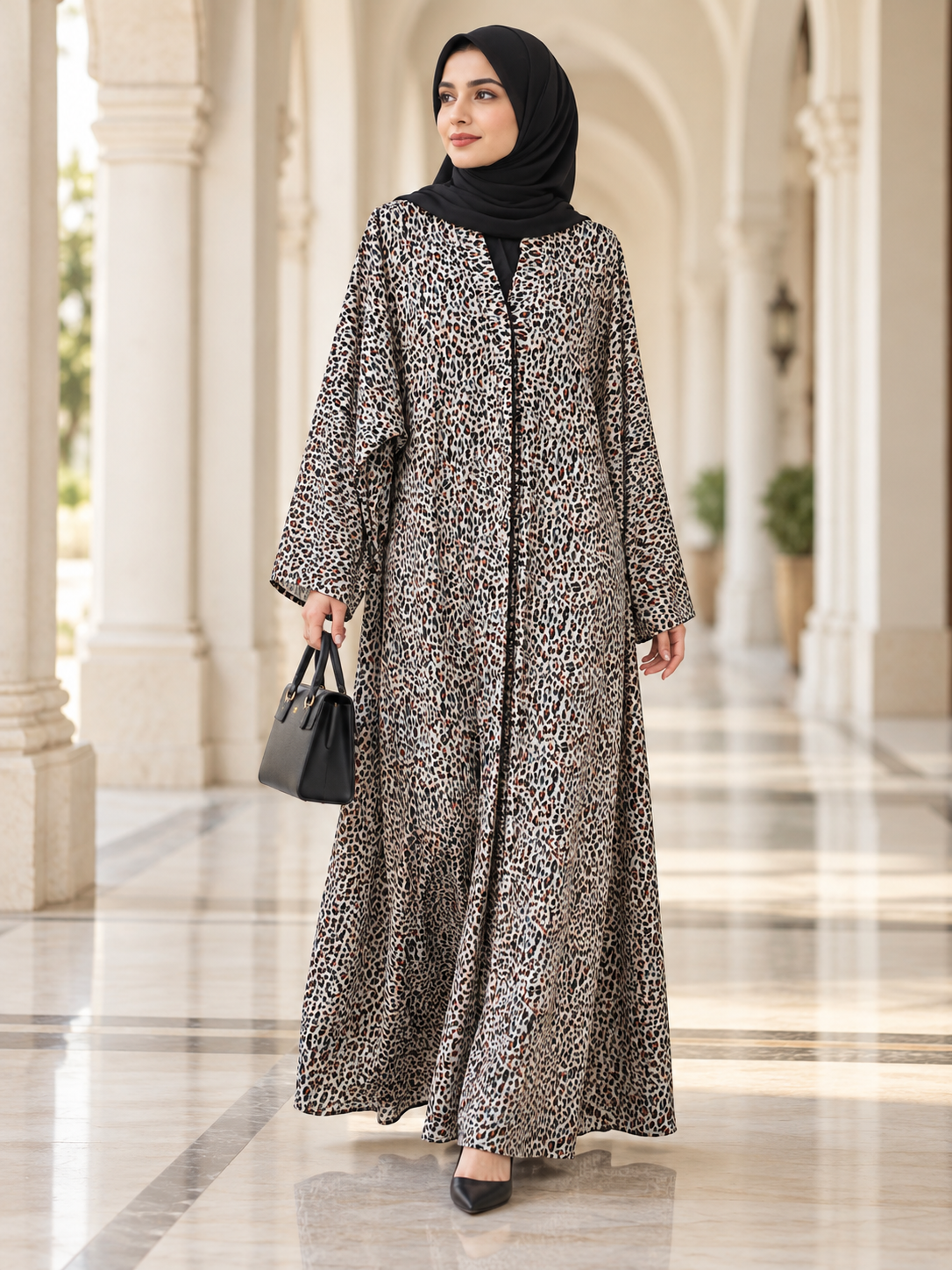 Leopard Print Flowing Abaya with Wide Sleeves