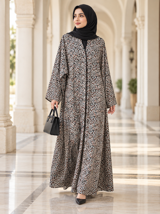 Leopard Print Flowing Abaya with Wide Sleeves