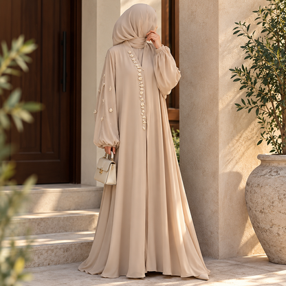 Beige Pearl Embellished Abaya with Elastic Cuff Sleeves
