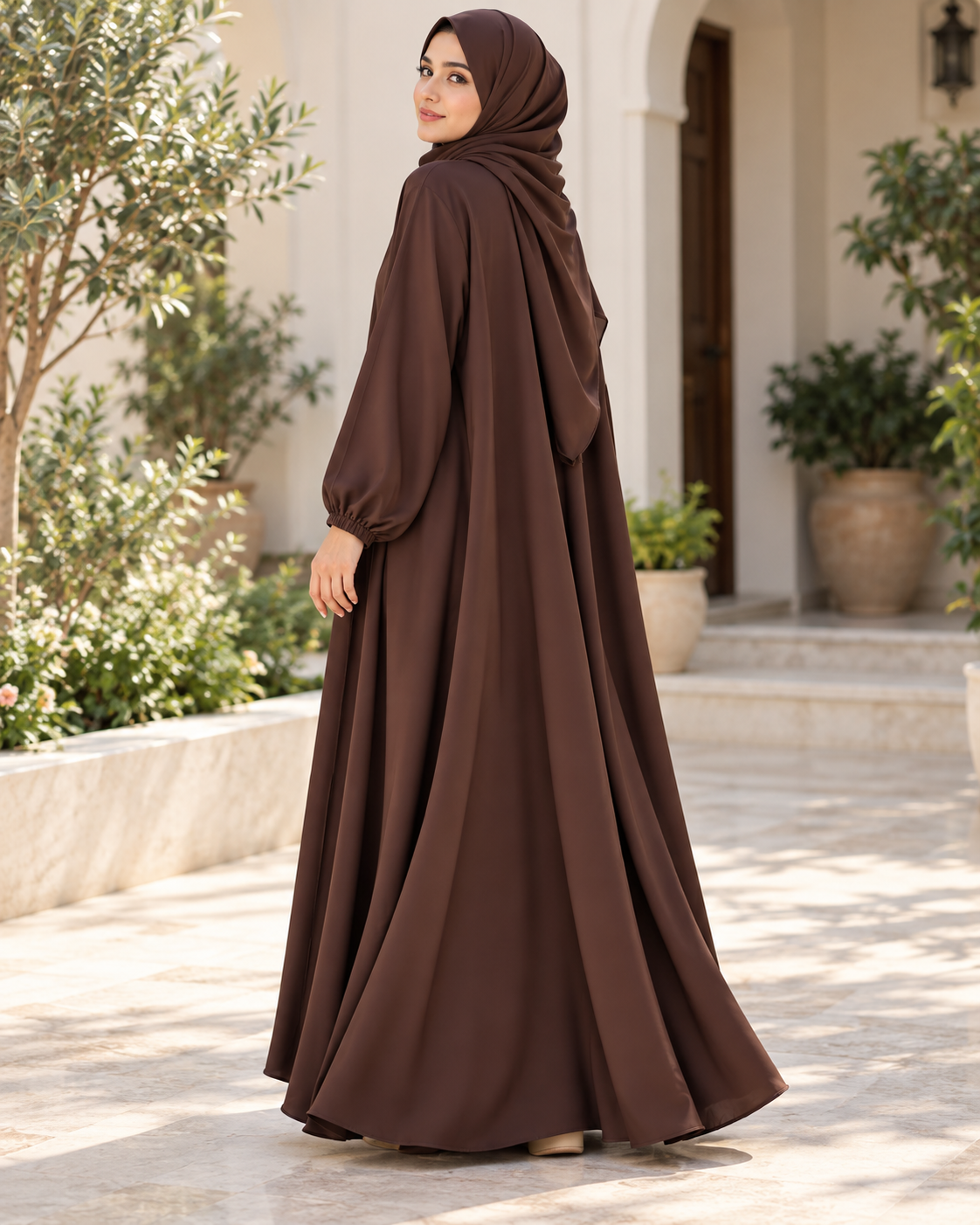 Chocolate Brown Single Frill Abaya with Elastic Cuff Sleeves