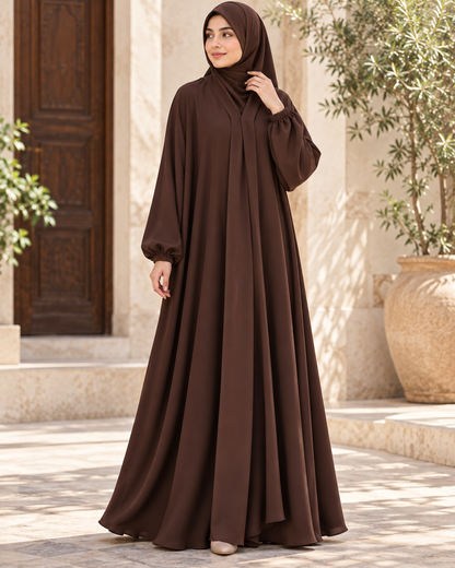 Chocolate Brown Single Frill Abaya with Elastic Cuff Sleeves