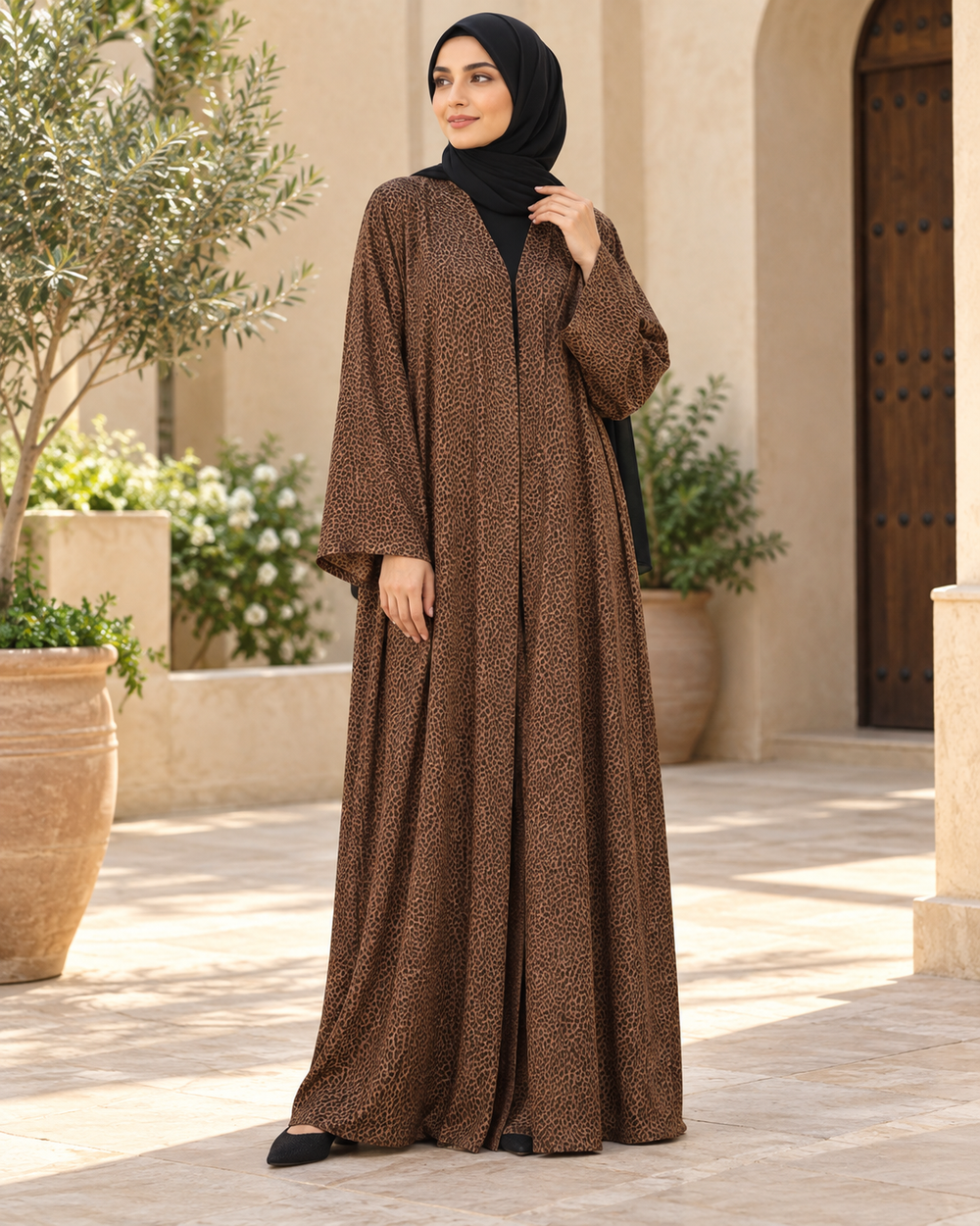 Brown Leopard Print Abaya with Wide Sleeves