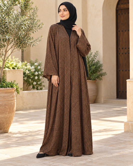 Brown Leopard Print Abaya with Wide Sleeves