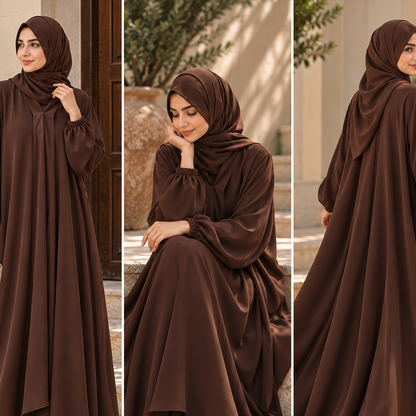 Chocolate Brown Single Frill Abaya with Elastic Cuff Sleeves