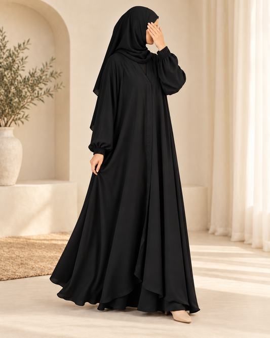 Black Modest Jilbab Abaya with Gathered Sleeves